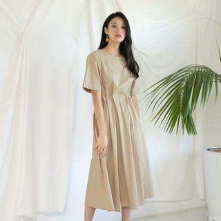 Round-neck Pleated-trim Long Dress Beige - One Size