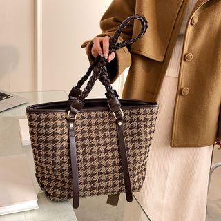 Braided Strap Houndstooth Tote Bag