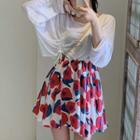 Drawstring Long-sleeve T-shirt / Flower Print A-line Skirt