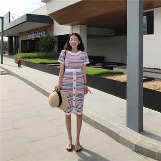 Set: Short-sleeve Striped Top + Fitted Skirt
