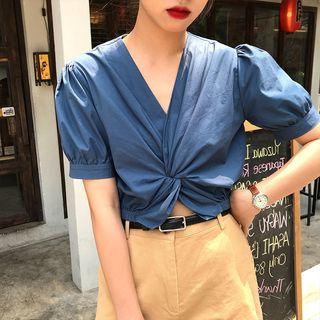 Short-sleeve Twisted Plain Blouse