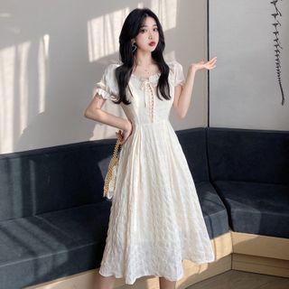 Lace-up Puff-sleeve Midi A-line Dress