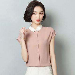 Contrast Collar Cap Sleeve Blouse