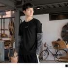 Lettering Striped Sleeve Panel T-shirt
