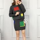 Set: Color Block Sweater + Mini Knit Skirt