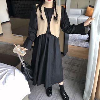 Set: Open-front Vest + Long-sleeve Midi A-line Dress