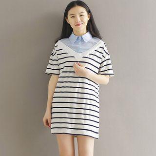 Short Sleeve Striped Panel Mock Two Piece Shirt Dress