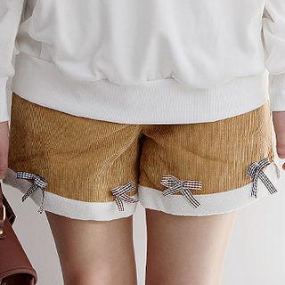 Beribboned Contrast-cuff Corduroy Shorts