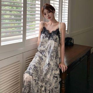 Spaghetti Strap Printed Lace Trim Maxi A-line Dress Lace - Black & White - One Size