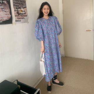 Puff-sleeve Floral Print Midi Shift Dress Floral - Blue - One Size