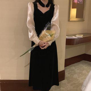 Long Sleeve Velvet Panel Dress Black - One Size
