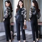 Set: Floral Panel Long-sleeve Blouse + Straight-cut Dress Pants