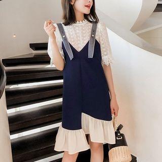 Set: Lace Elbow Sleeve Blouse + Pinafore Dress