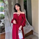 Long-sleeve Cold-shoulder Plain Dress