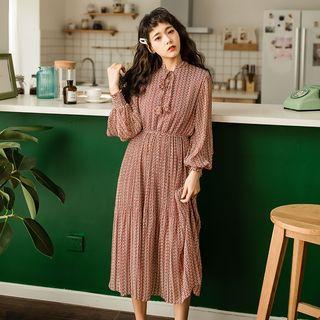 Smocked Cuff Floral Print Lace-up Dress
