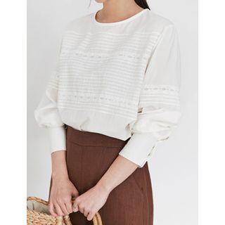 Bishop-sleeve Pintuck Lace-trim Top