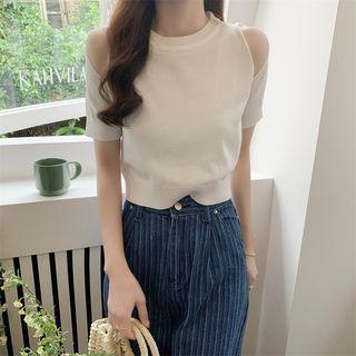 Short-sleeve Cold Shoulder Crew Neck Cropped Knit Top