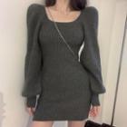 Lantern-sleeve Mini Sheath Sweater Dress