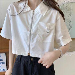 Short-sleeve Zip-up Crop Shirt