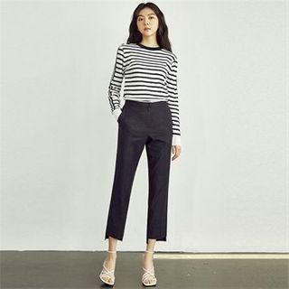 Button-trim Stripe Knit Top Navy Blue - One Size