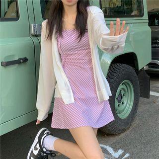 Spaghetti Strap Plaid Dress Plaid - Purple & White - One Size