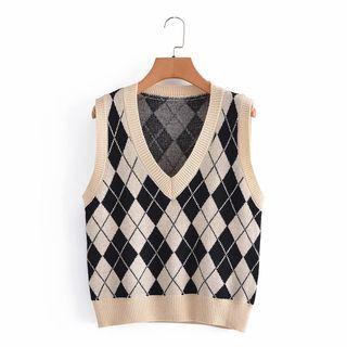Argyle Sweater Vest Black & Khaki - One Size