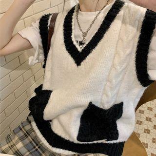 Contrast Trim Front Pocket Sweater Vest White - One Size