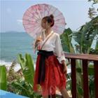 3/4-sleeve Top / Sheer Panel A-line Skirt