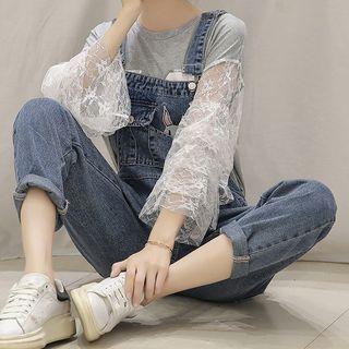 Long-sleeve Lace Panel T-shirt / Denim Dungaree Pants / Set