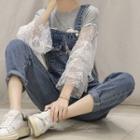 Long-sleeve Lace Panel T-shirt / Denim Dungaree Pants / Set