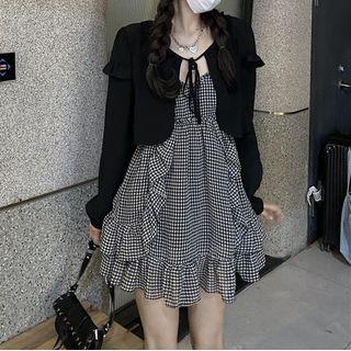Spaghetti Strap Ruffled Gingham Check A-line Dress / Cardigan