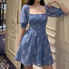 Bell-sleeve Square Neck Floral Dress As Shown In Figure - One Size