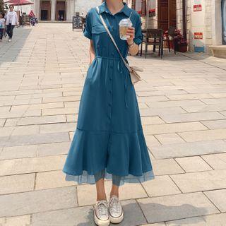 Short-sleeve Ruffle Hem Midi Shirtdress