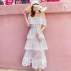 Elbow-sleeve Cold Shoulder Perforated Lace A-line Midi Dress