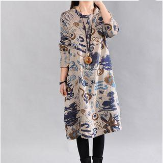 3/4-sleeve Printed Band Collar Shirt Dress