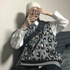 Set: Leopard Print Loose-fit Knit Vest + Plain Long-sleeve Shirt