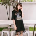 Mesh Overlay Printed Short-sleeve T-shirt Dress