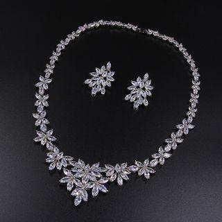 Set: Rhinestone Leaf Necklace + Earring Set - 1 Pair - Stud Earrings & Necklace - Zircon - White - One Size