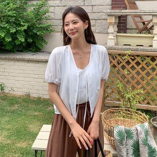 Set: Tie-front Puff-sleeve Cardigan + Camisole Top