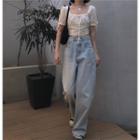 Short Sleeve Square Neck Lace Cropped Top / Wide-leg Jeans