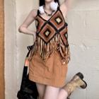 Fringe Camisole Top Black & Brown - One Size