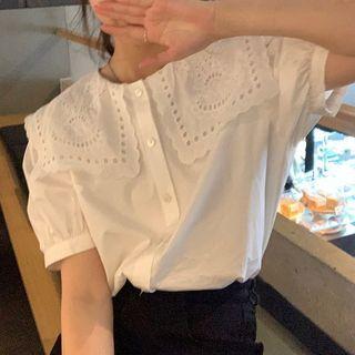 Short-sleeve Collared Henley Plain Blouse