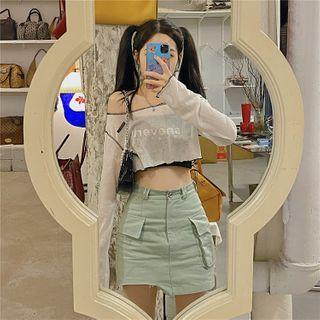 Cropped Camisole Top / Long-sleeve Off-shoulder Crop Top / Mini Skirt