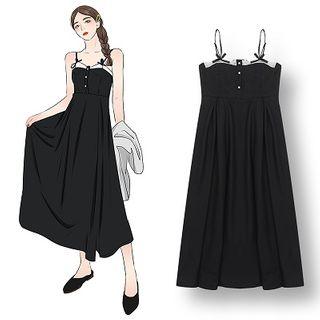 Spaghetti-strap Midi A-line Dress Black - One Size