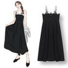 Spaghetti-strap Midi A-line Dress Black - One Size