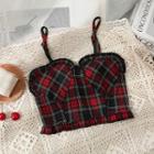 Ruffle-trim Plaid Top Black - One Size