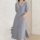 Collared Short-sleeve Slit Midi A-line Dress