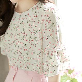 Tiered-cuff Frill-trim Floral Top