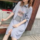 Cat Embroidered Short-sleeve Striped Shirtdress