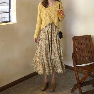 Long-sleeve Cable Knit Sweater / Long-sleeve Tie-waist Floral Printed Dress